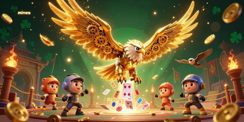 Experience the thrilling gameplay of mines with an interactive cybernetic eagle diving through holographic cards.
