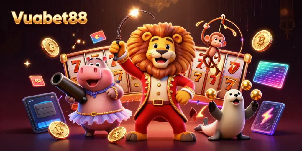 Experience the excitement of Vuabet88 with a vibrant 3D circus scene showcasing a lion, hippo, monkey, and seal among dazzling casino elements.