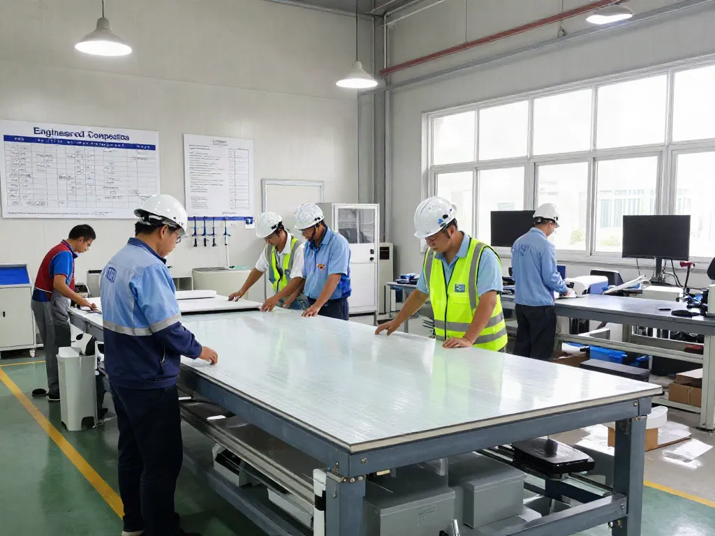 Engineered Composites workers collaborating in GRP manufacturing facility, showcasing expertise and safety standards.