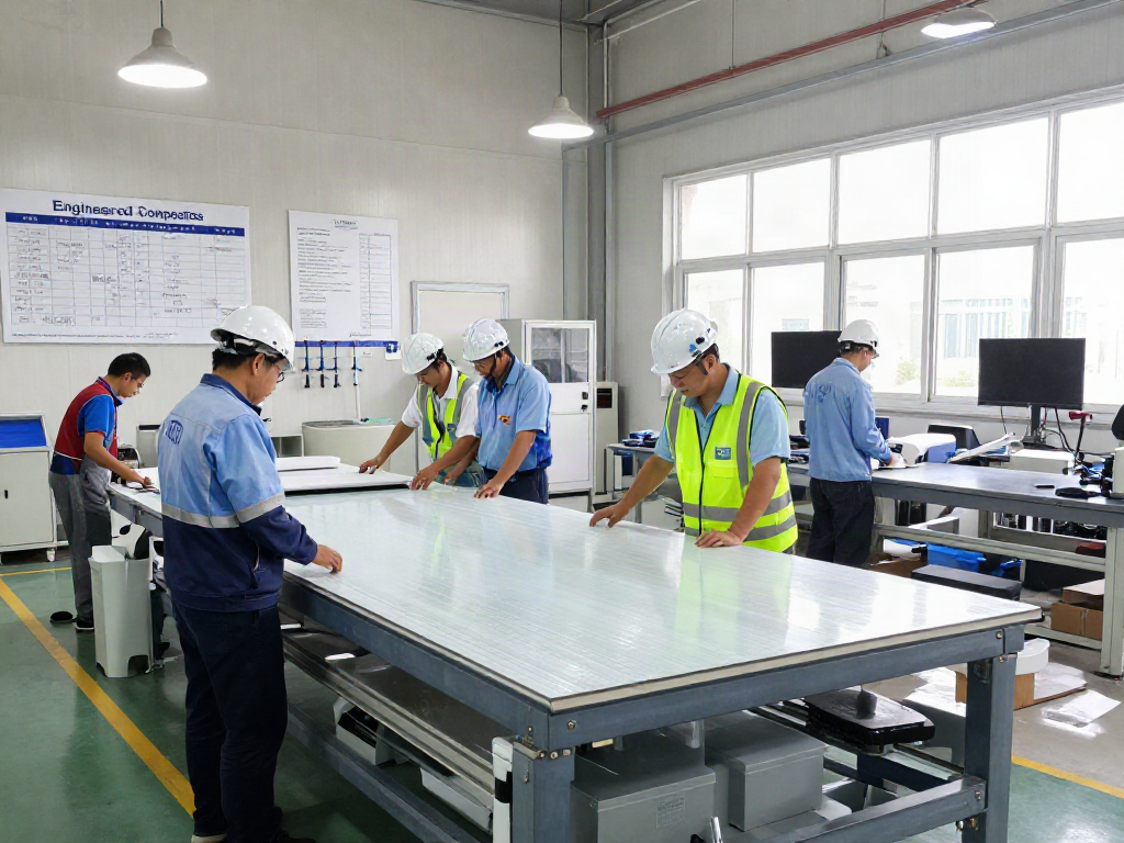 Engineered Composites workers collaborating in GRP manufacturing facility, showcasing expertise and safety standards.