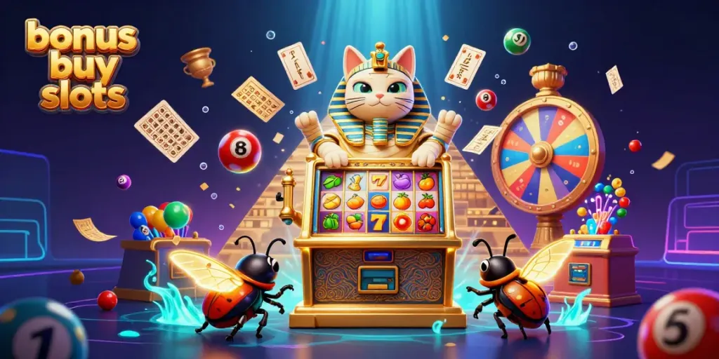 Experience the excitement of bonus buy slots with vibrant 3D characters and elements in a dynamic casino scene.
