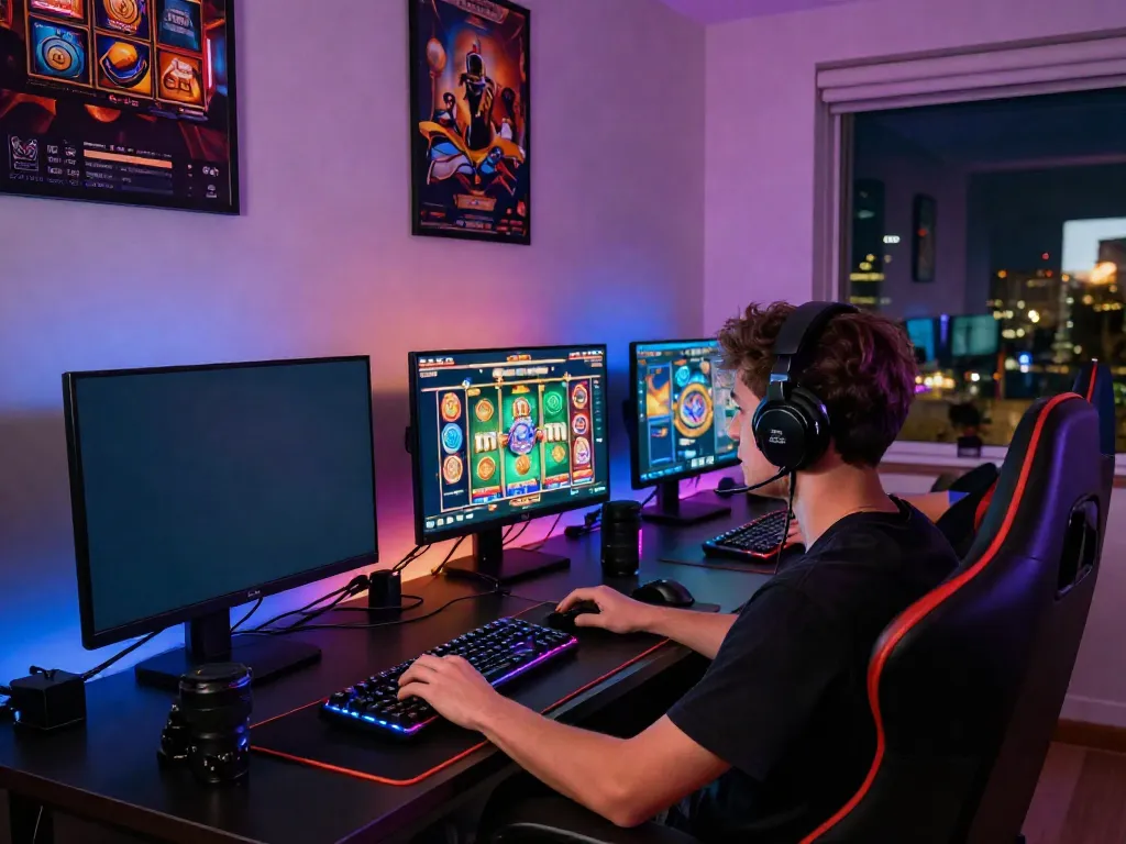 Player engaging with situs slot777 online slot games in a vibrant gaming setup.