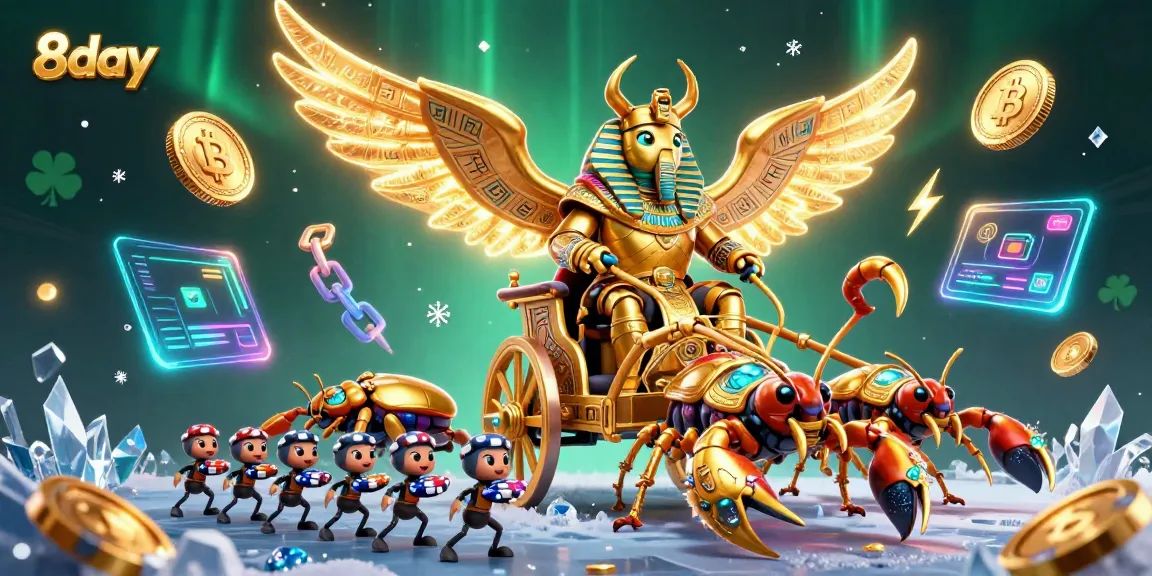 Experience the thrill of 8day as a colossal golden scarab beetle leads a vibrant casino adventure with crypto elements.