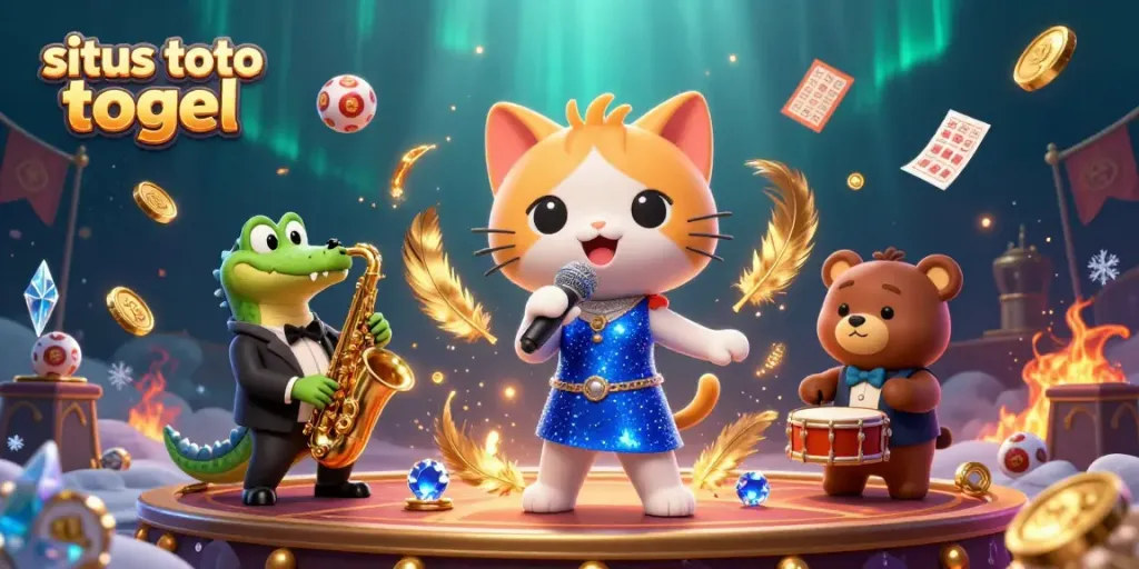 Experience situs toto togel action with a vibrant illustration featuring singing cat, crocodile saxophonist, and bear drummer.