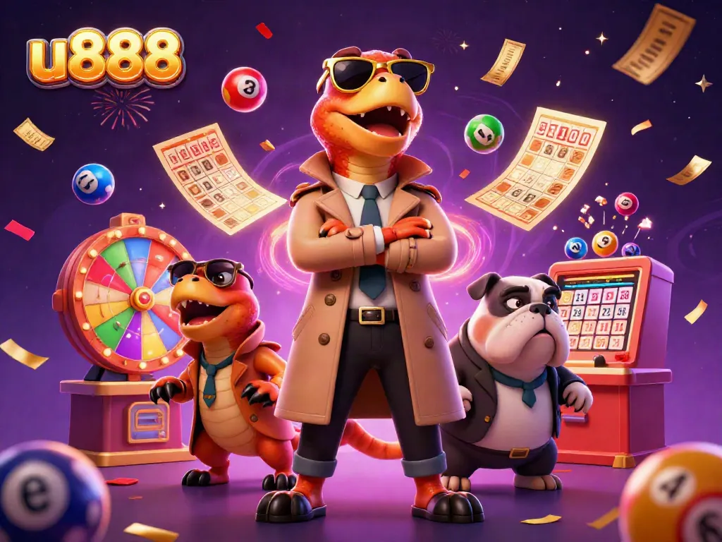 Experience the thrilling world of u888 with vibrant characters and dynamic casino elements in this rich illustration.