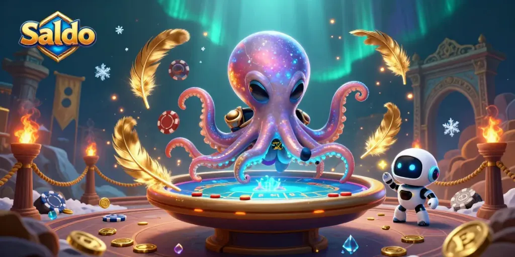 Saldo mendemonstrasikan keberuntungan di meja poker dengan karakter alien, robot, dan koin emas berseberangan.