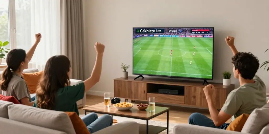 Cakhiatvvn.jpn.com live soccer match viewing party with friends cheering in a cozy living room.