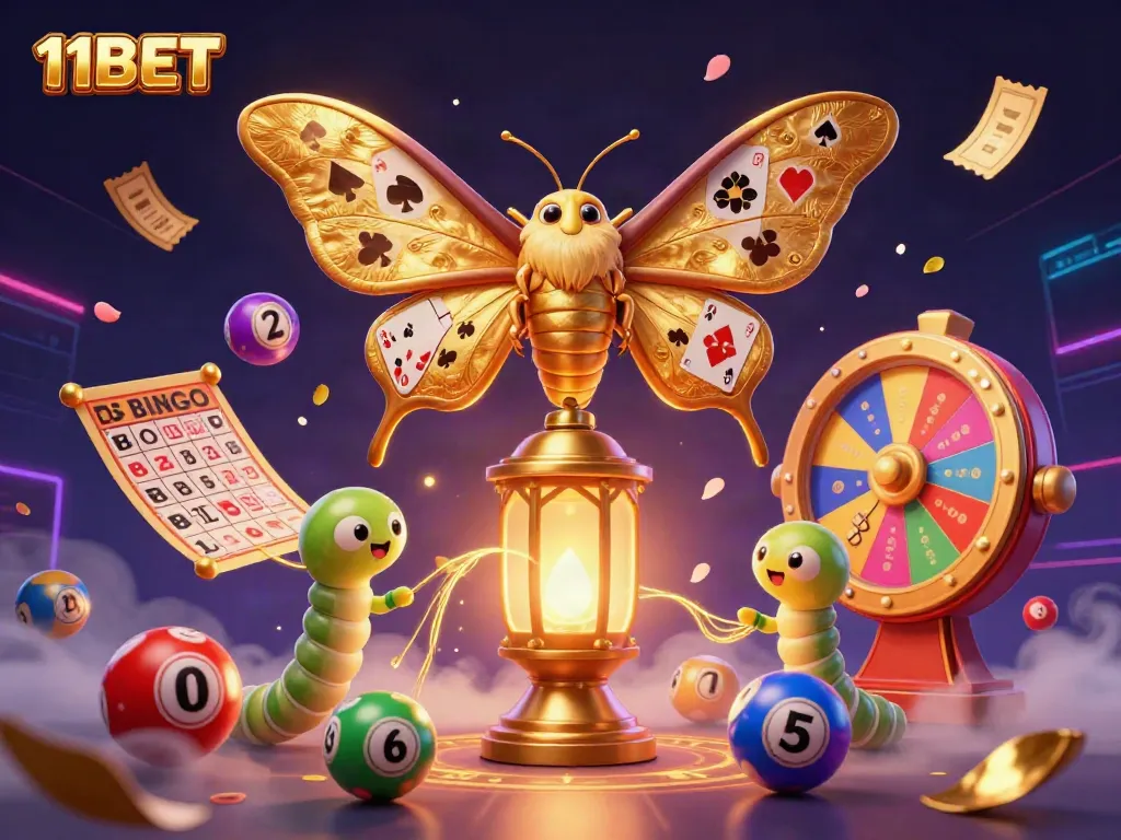 Experience the excitement of 11BET with a vibrant 3D illustration of a golden atlas moth amidst colorful lottery elements.