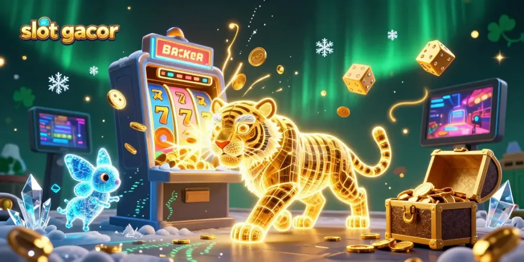 Experience the thrill of slot gacor with a dynamic digital casino scene featuring a golden tiger and jackpot elements.