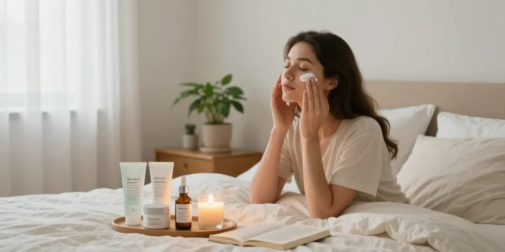 Applying Nigh Creme in a tranquil bedroom for nighttime skincare.