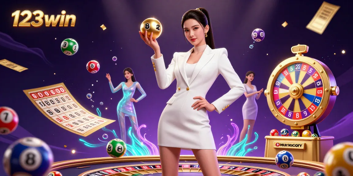 Experience thrilling gameplay at 123win with a dynamic scene of colorful lottery balls and casino elements.
