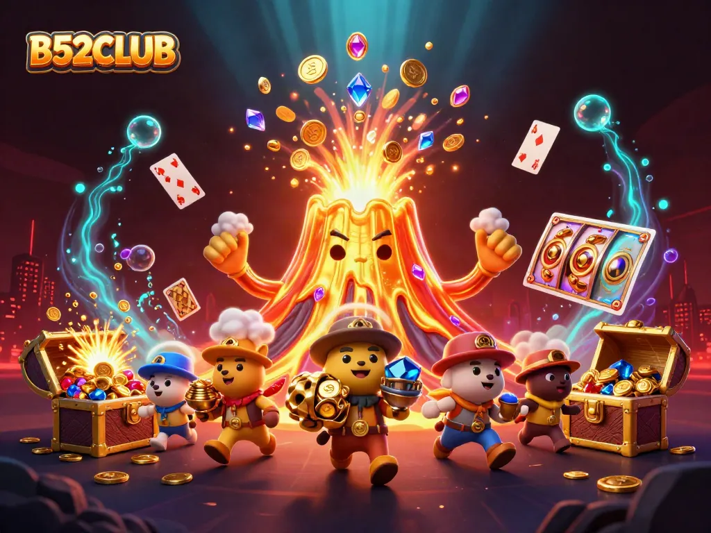B52CLUB offers thrilling jackpots with a vibrant treasure-filled scene, showcasing dynamic gaming excitement.