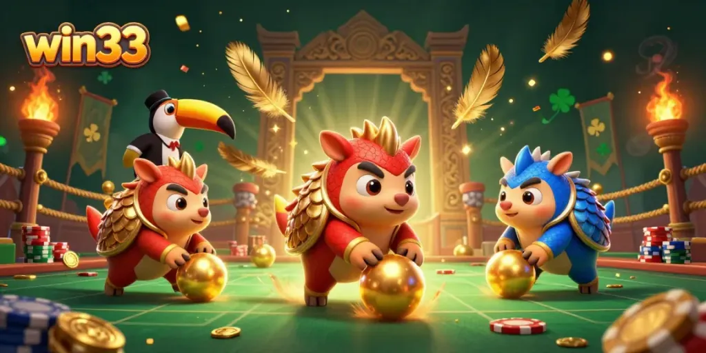 Experience the excitement of win33 with rival pangolins bowling through poker chips in a vibrant casino scene.