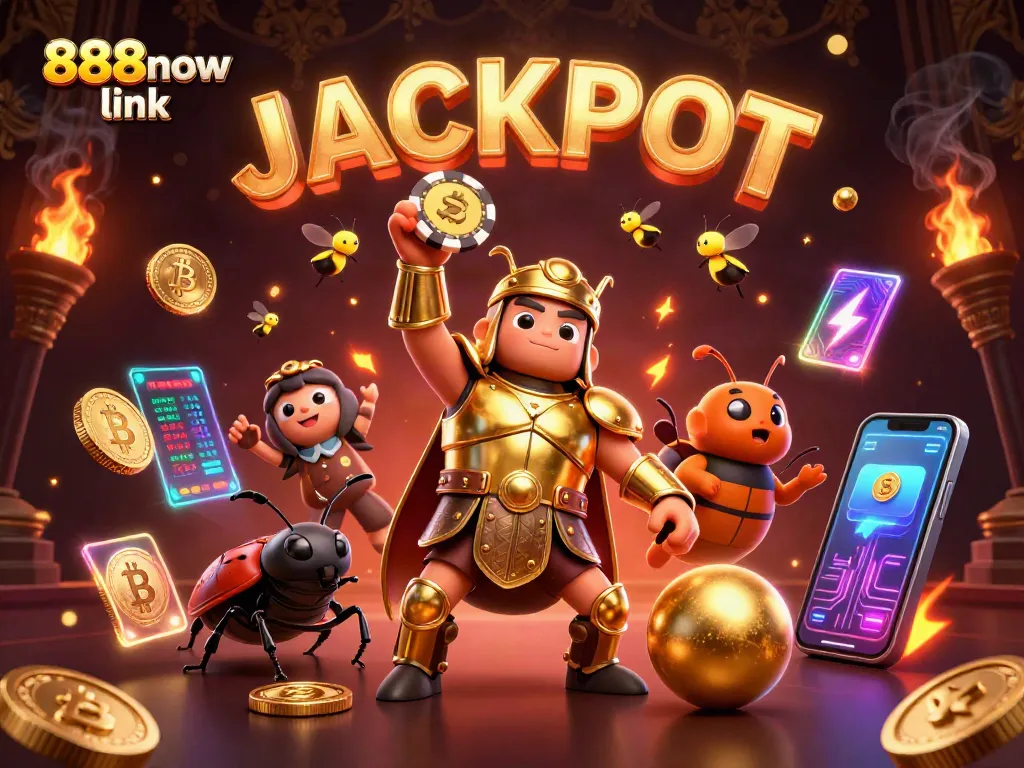 Experience the thrill of 888now link as a hercules beetle wins big with golden poker chip amidst dynamic casino elements.