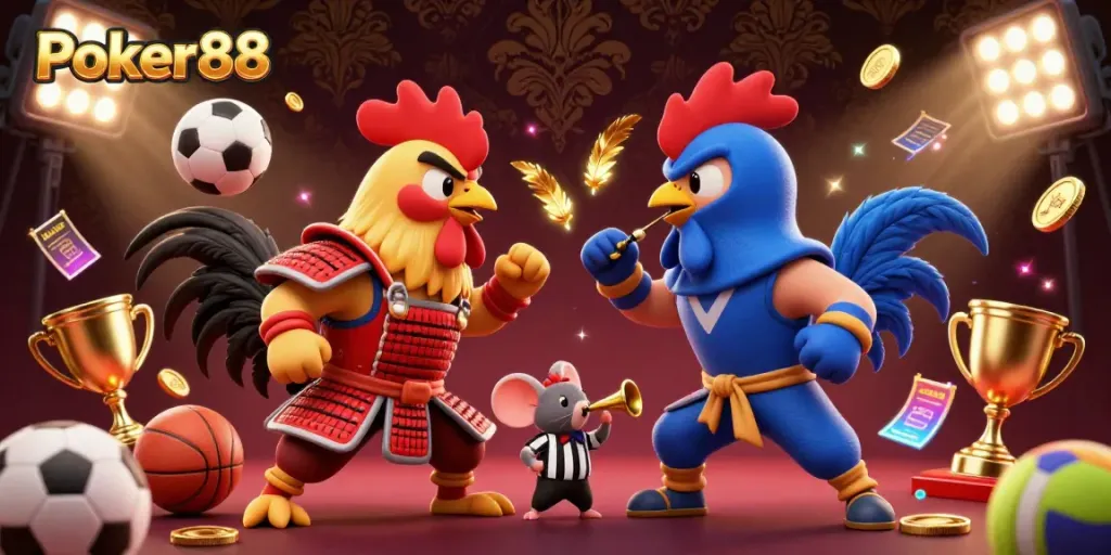 Experience intense matchups with Poker88 illustrated in a dynamic 3D art style.