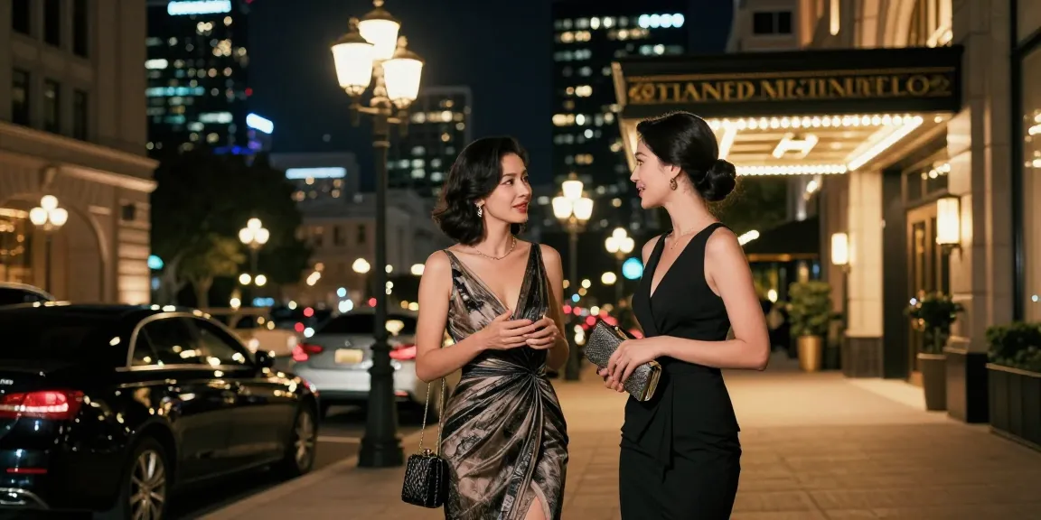 Call girls engaging in a stylish conversation outside a luxury hotel, showcasing elegance and urban nightlife.
