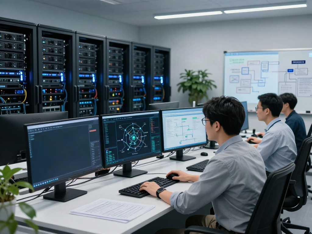 Engineer monitoring AI infrastructure in a high-tech control room with GPU servers and analytics displays.