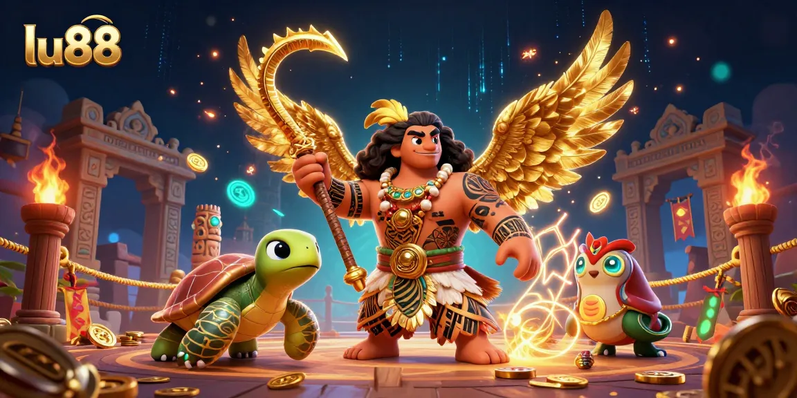 Engage with lu88 in an exciting 3D illustrated scene of gambling and adventure.