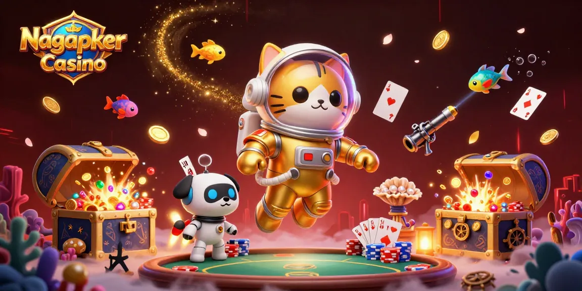 Nagapoker Casino showcases vibrant poker battles with colorful floating cards amidst a cosmic backdrop.