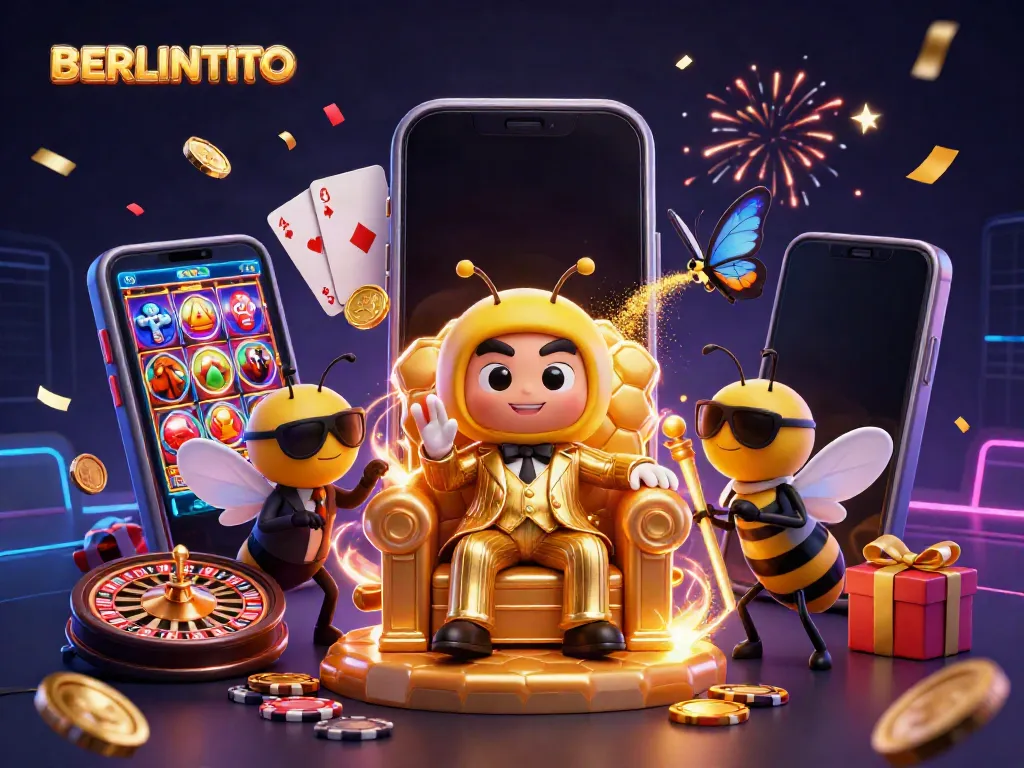Experience dynamic gaming with BERLINTOTO as cartoon characters surround a smartphone showcasing exciting slot games.