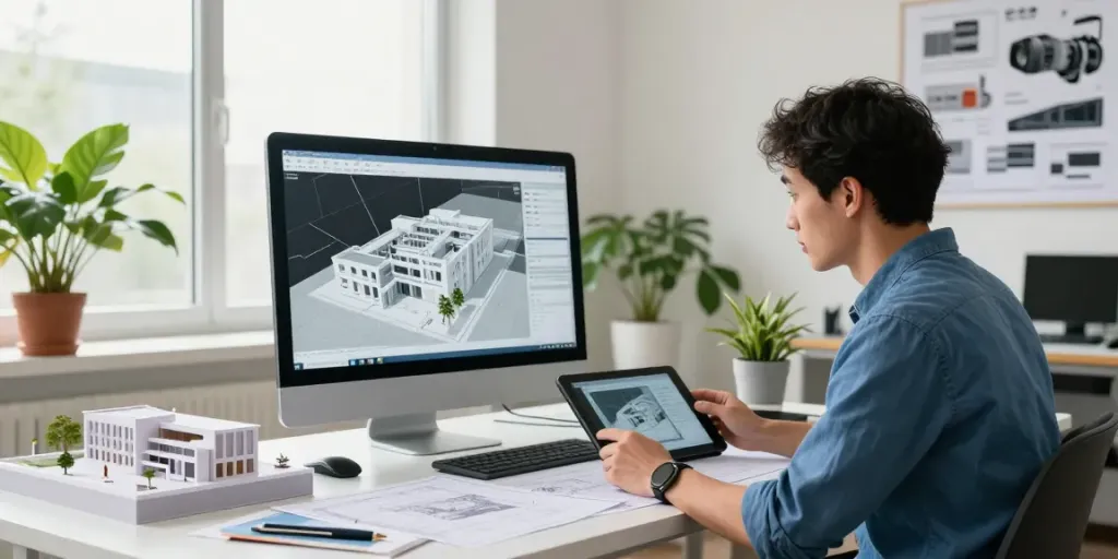 3D modelling designs being reviewed by an architect in a modern studio.