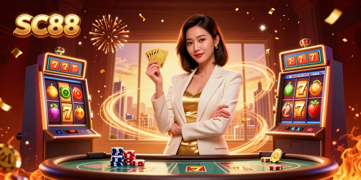 Engaging casino scene with SC88-themed slot machines, dynamic cards, and vibrant colors, illustrating thrilling gameplay.