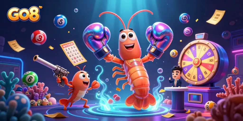 Experience the GO8 excitement with vibrant lottery elements and engaging casino characters.