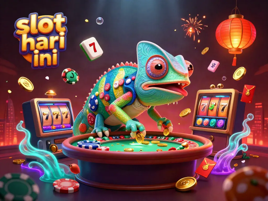 Ilustrasi 3D tentang slot gacor hari ini dengan chameleon pemilik kasino dan elemen seru di sekitarnya.