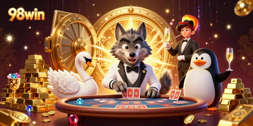98win captures thrilling baccarat moments with charming characters at a luxurious casino table.