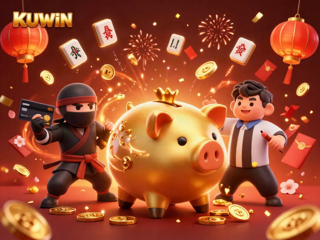 Experience the action with KUWIN's animated characters in a lively casino scene filled with gold and celebration.