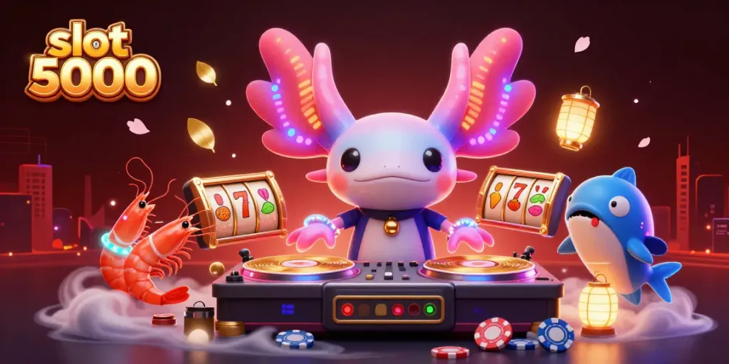 Experience thrilling slot 5000 action with animated characters in a dynamic casino scene.