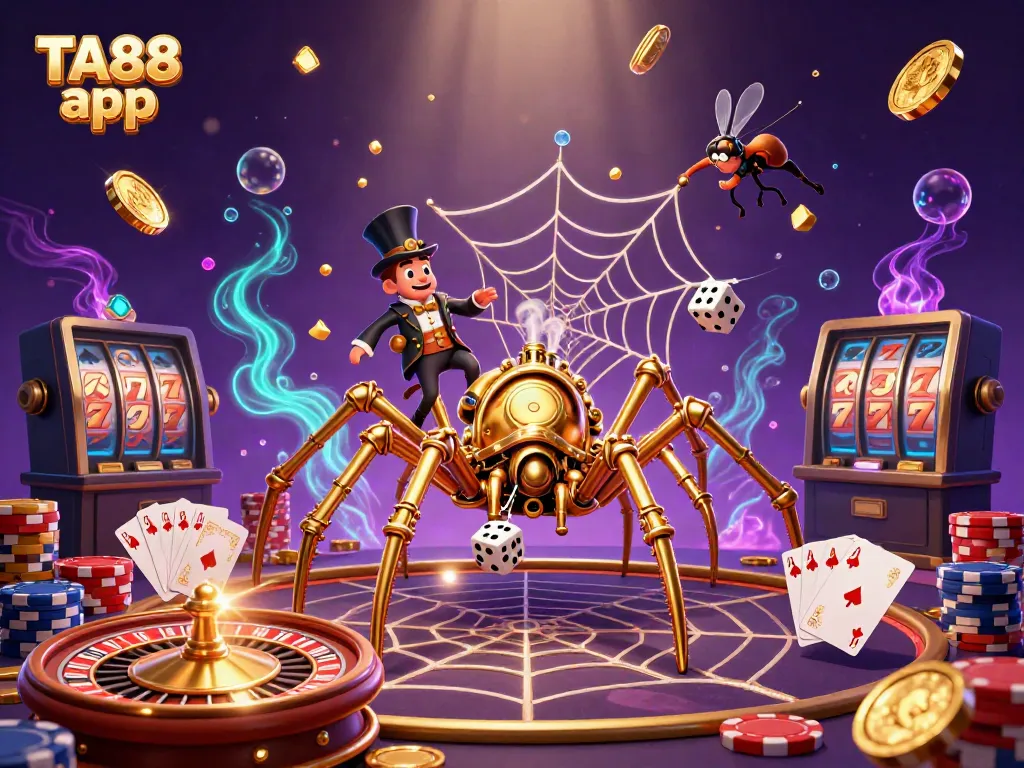 Engage with the TA88 app in a thrilling 3D casino adventure of golden spider webs and playful dice.