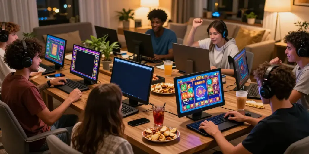 OYO288 menciptakan suasana bermain slot online yang penuh keceriaan dan kegembiraan dengan pemain merayakan kemenangan.