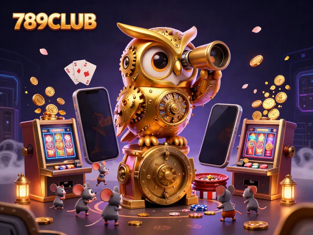Experience the excitement of the 789CLUB casino scene featuring a golden owl and dynamic gaming elements.
