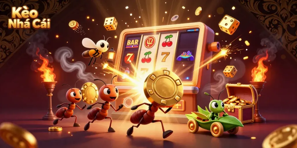 Kèo Nhà Cái illustration of ants executing a heist with a golden poker chip amidst a vibrant casino backdrop.