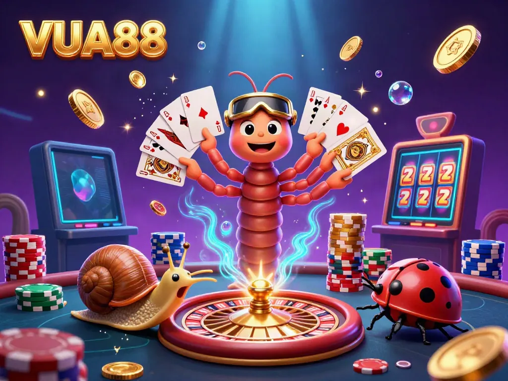 Experience the thrill of VUA88 with a lively casino scene featuring a millipede dealer, high-roller snail, and dynamic gaming elements.