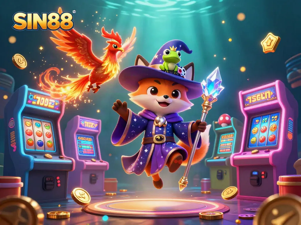 SIN88 presents a magical scene with a wizard fox, phoenix, and enchanting gaming elements for exhilarating casino adventures.