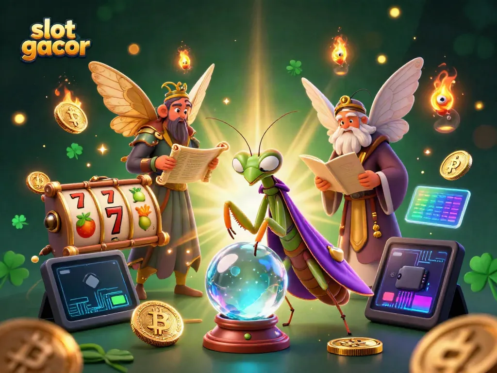 Engage with slot gacor through a mystical scene featuring fortune teller and vibrant casino elements.