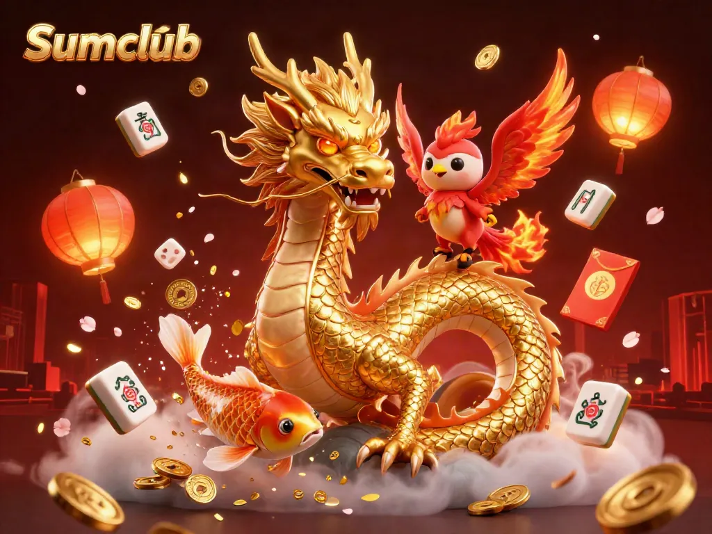 Experience excitement at Sumclub with a vibrant 3D casino illustration featuring mystical creatures and dynamic elements.