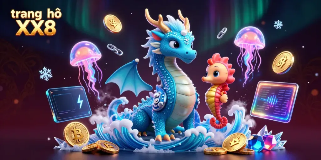 Engage with trang chủ XX8's vibrant 3D illustration showcasing a dynamic underwater casino theme filled with interactive gaming elements.