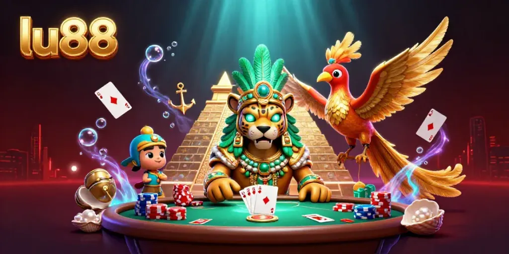 Engage with Lu88's thrilling gaming experience featuring an animated Mayan priest and poker elements.