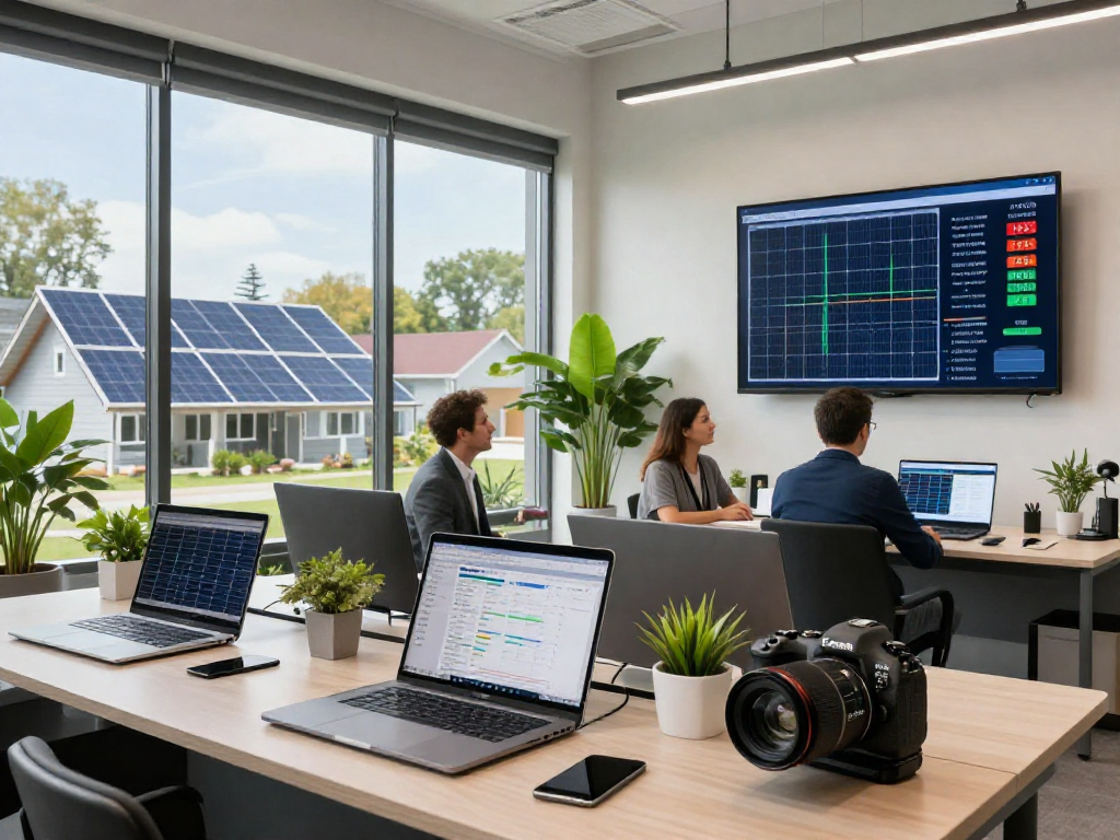 Solar panel cost illinois analysis in a tech-savvy office with solar energy software and performance data displays.