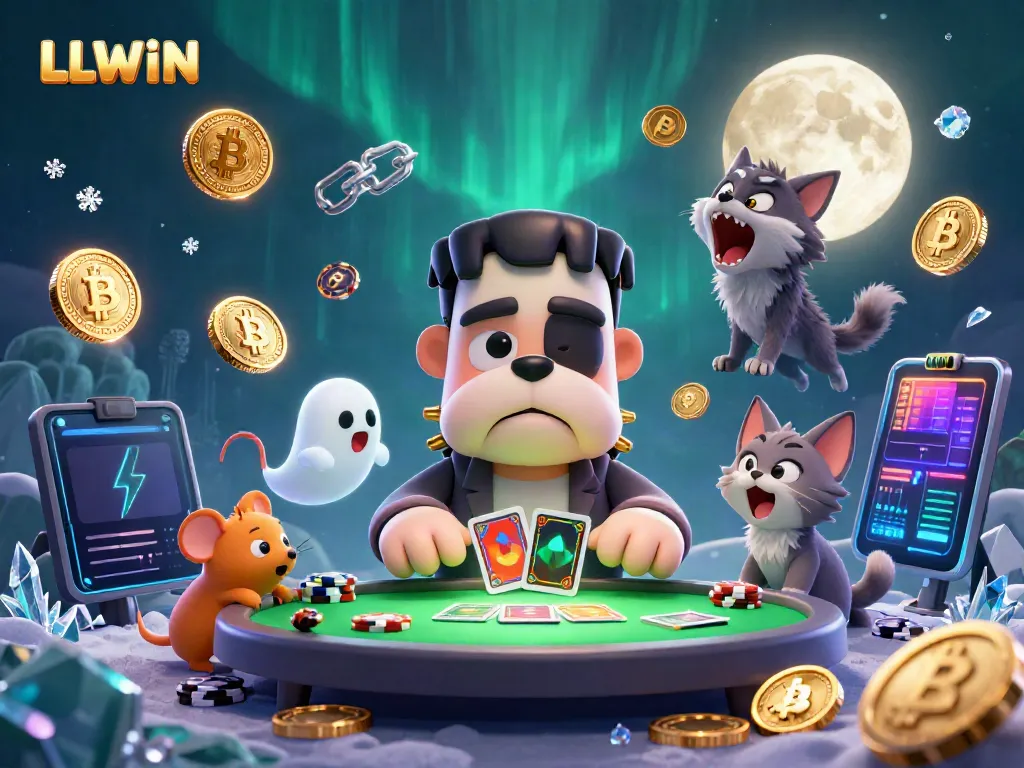 LLWIN features a Frankenstein bulldog dealer in a spooky setting with vibrant casino elements.