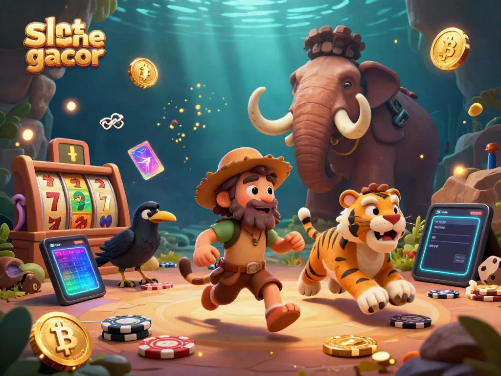Experience slot online gacor in a vibrant prehistoric casino scene with engaging characters and dynamic game elements.