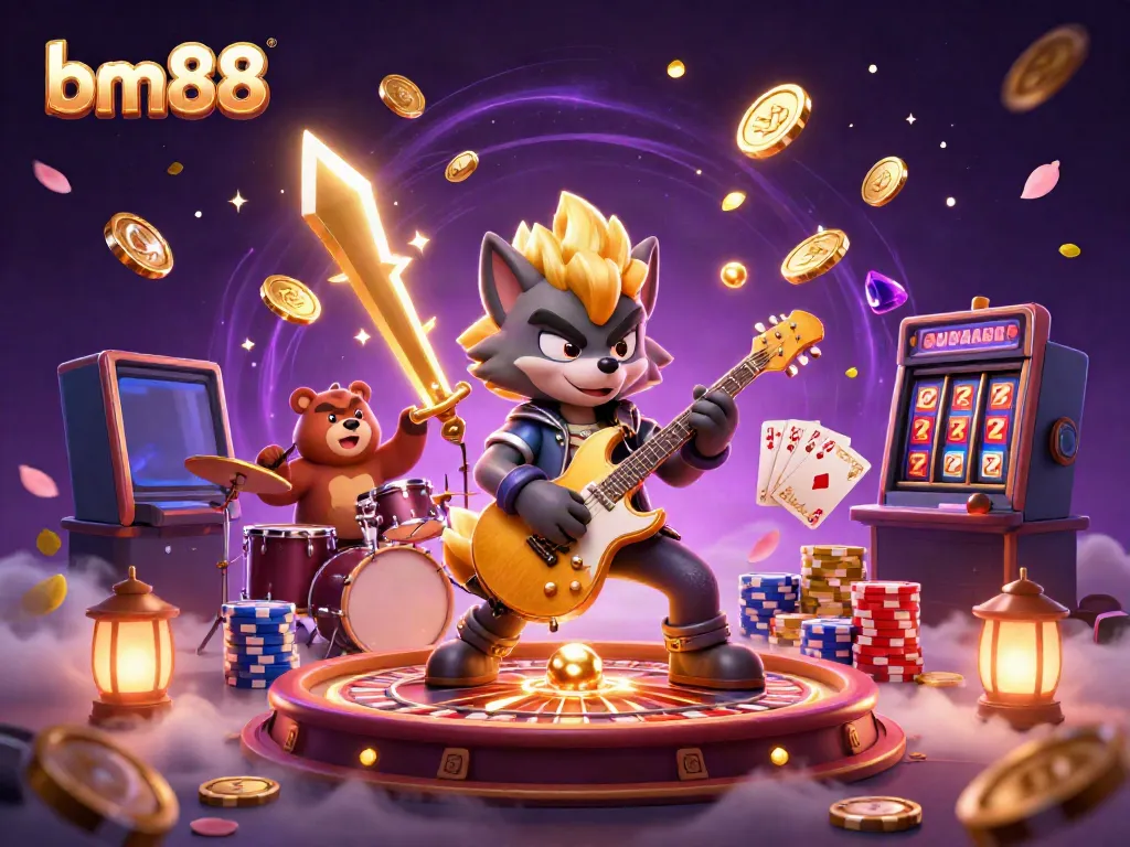 Engage with bm88's vibrant casino scene featuring a rock star wolf and a drummer bear amidst flying coins and playing cards.