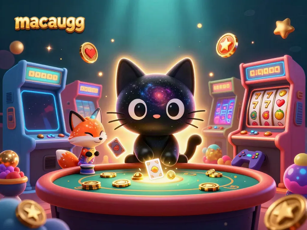 Experience the thrill of macaugg with a cosmic cat and fox at a vibrant casino table.