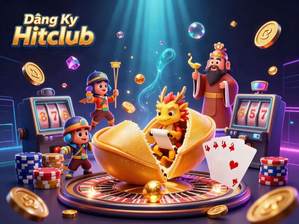 Engage in Đăng Ký Hitclub for a thrilling casino experience with vibrant game elements and characters in a dynamic scene.