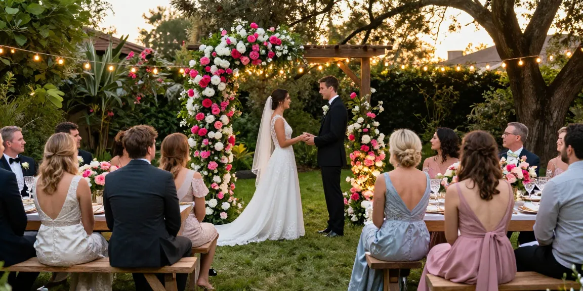 Wedding inspiration scene featuring a couple exchanging vows under a floral arch in a garden setting.