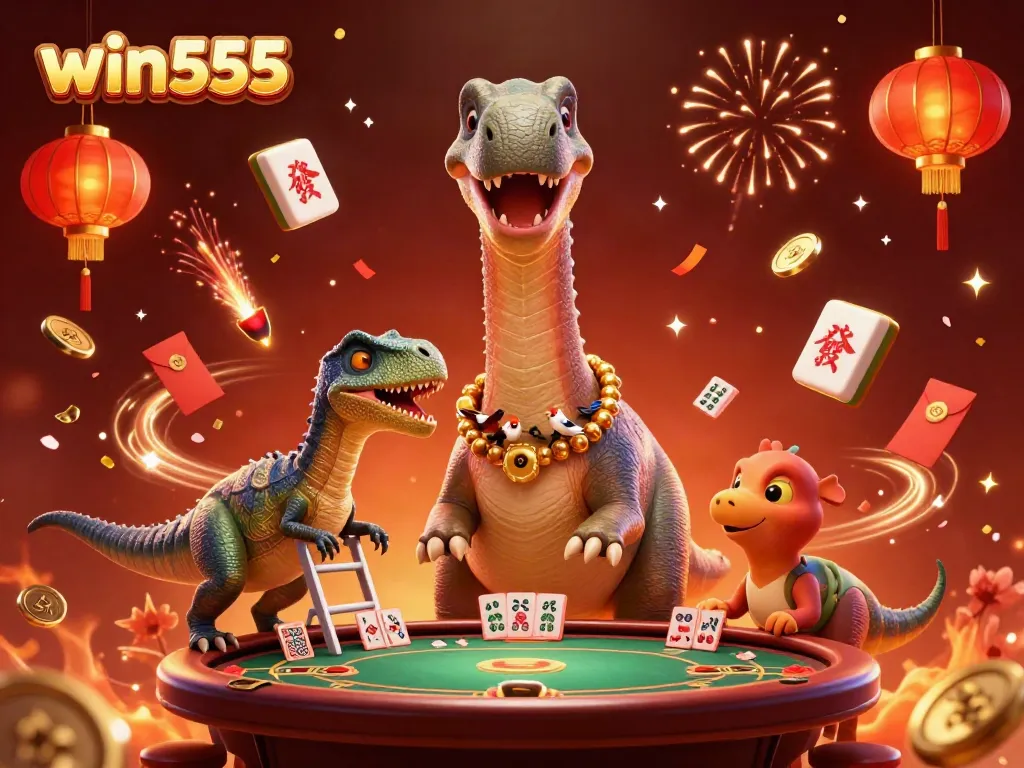 Win555 offers a thrilling casino experience with a giant brontosaurus overseeing card games amid festive decorations.