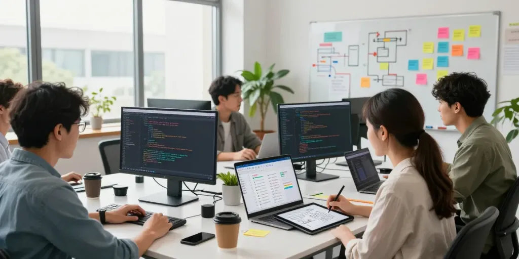 Dynamic team collaboration in a tech workspace focused on mvp development services, showcasing brainstorming and UI prototyping activities.